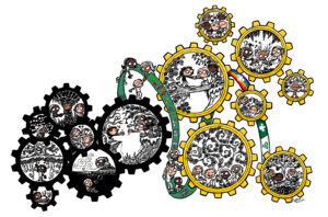 Illustration de quatorze roues d'engrenage dont sept noires dépeignant des inégalités sociales complices dans la vie des adultes autistes francophones de l'Ontario et sept roues dorées représentant des espaces d'émancipation sociale.